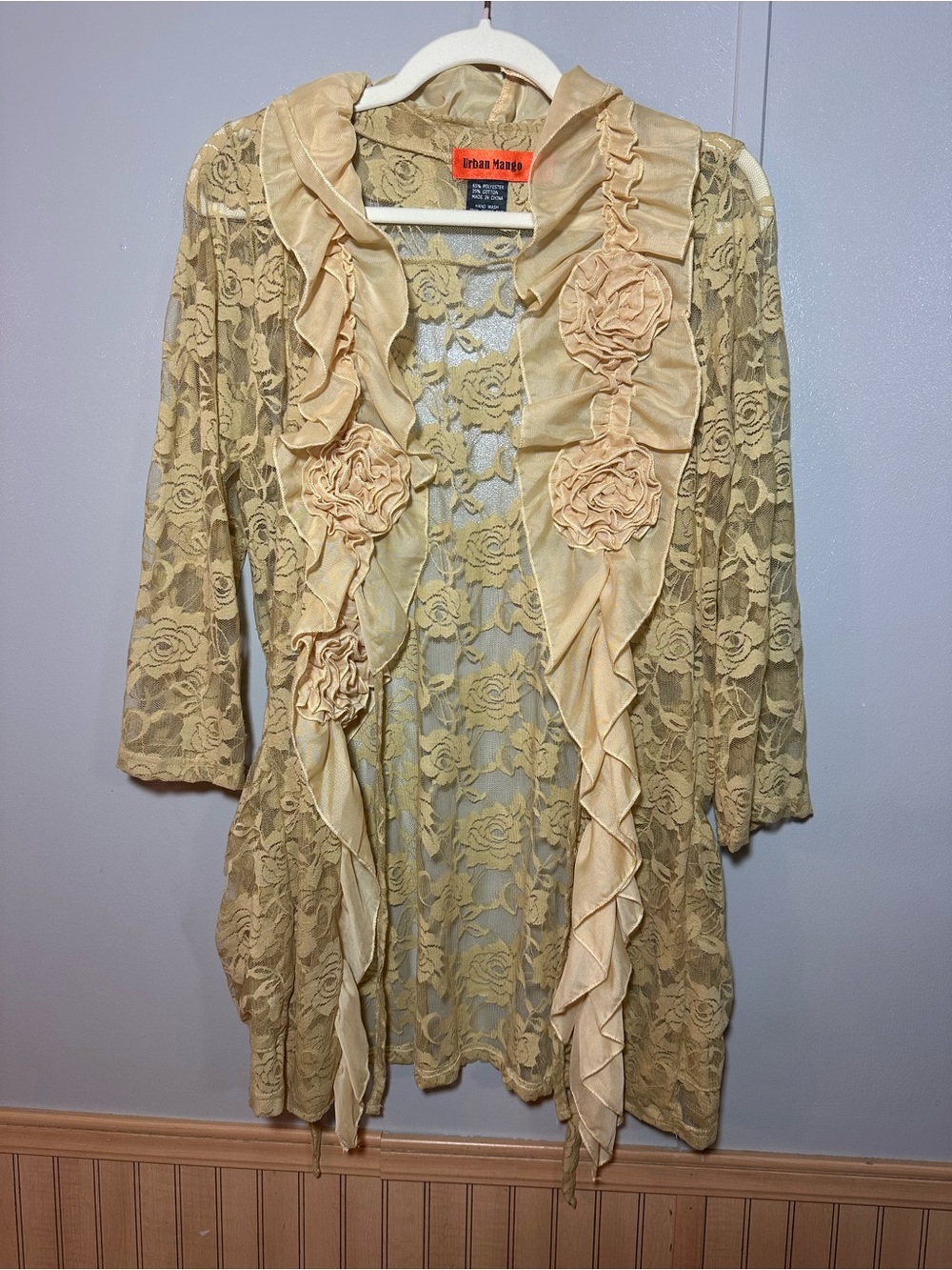 Urban Mango Y2K Floral Lace Ruffle Open Front Cardigan Yellow Boho Lightweight